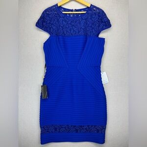 NWT Tadashi Shoji Blue Paneled Sheath Dress -Lace Cap Sleeves Midi Cocktail XL